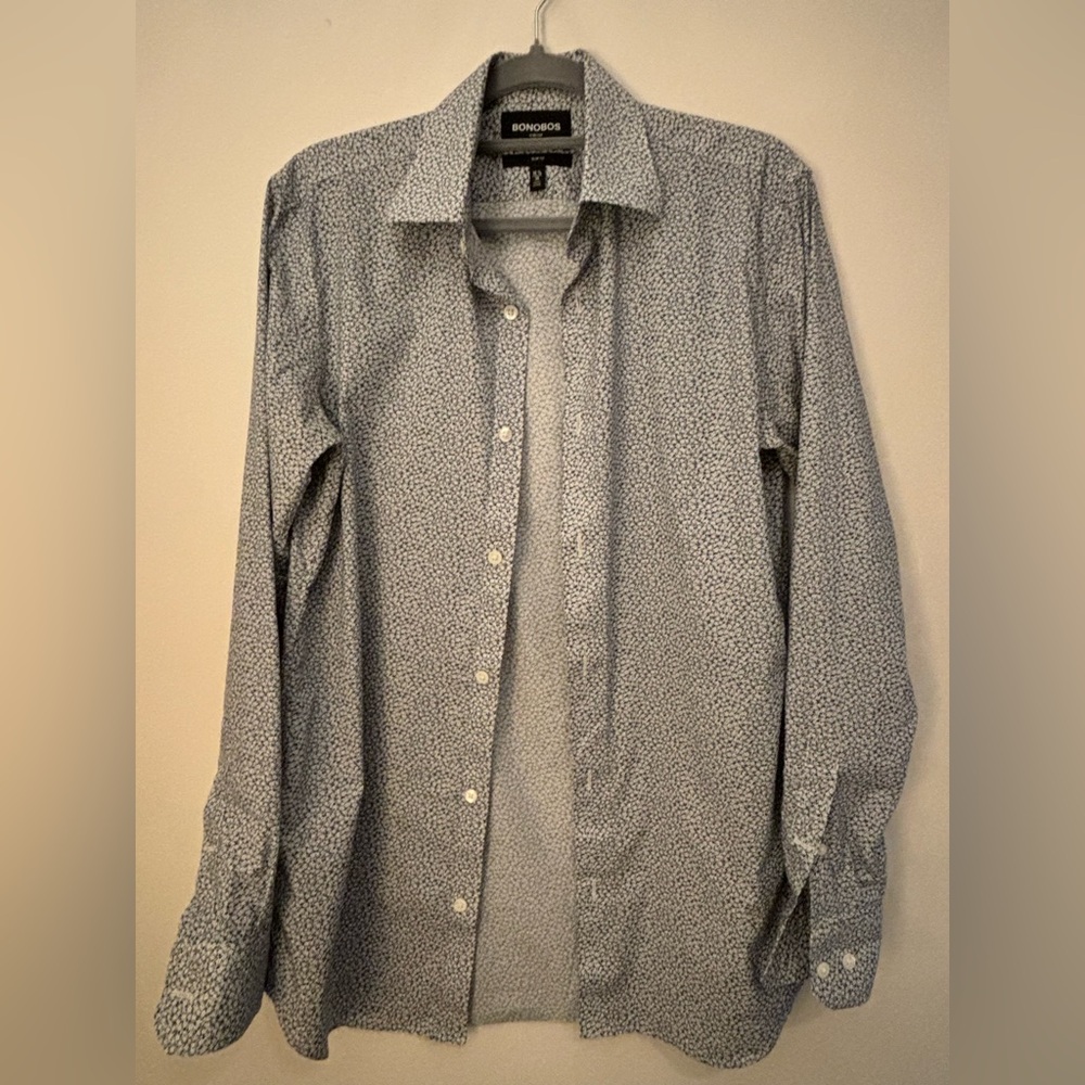Bonobos Button Down Patterned Blue Shirt, Slim Fit, Stretch 15.2/35